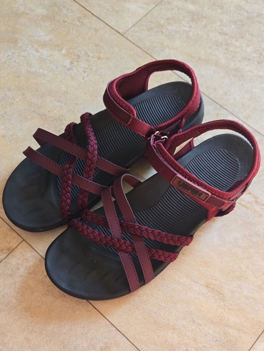 Braided Strap Women's Sandals in Wine with Black Sole
